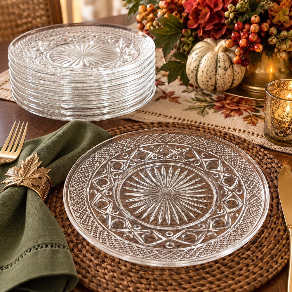 Vintage Clear Glass Salad Plates Set of 8 Starburst Diamond Dessert Plates